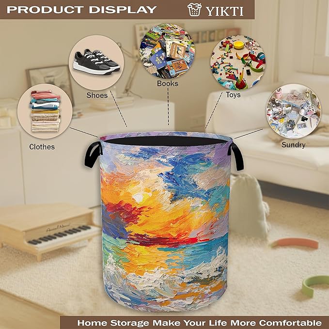 Sea Sunset Laundry Hamper,Abstract Oil Painting Clothes Hamper for Laundry,Waterproof Oxford Toy Storage Collapsible Hampers for Bedroom, Dorm Room,Bathroom,16x20 Inch