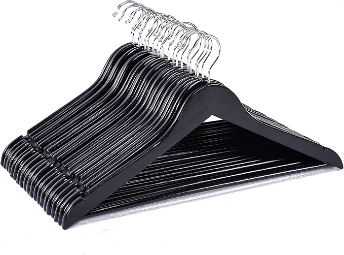 JS Hanger Wooden Coat Hangers, 20 Pack High Grade Wood Suit Hangers with Non Slip Pant Bar - Extra Smooth and Splinter Free Black Finish