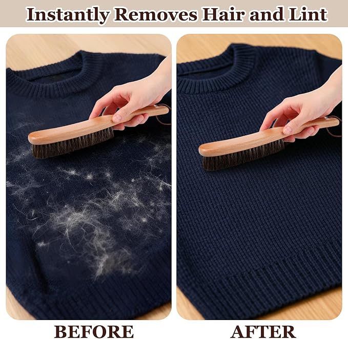 Bokon 2 Pcs Lint Brushes for Clothes with 100% Soft Horse Hair Bristle Beech Wood Handle Natural Reusable Garment Brush Lint Remover for Hat Wool Coats Suits Cashmere Velvet Furniture Pet Hair Shoe