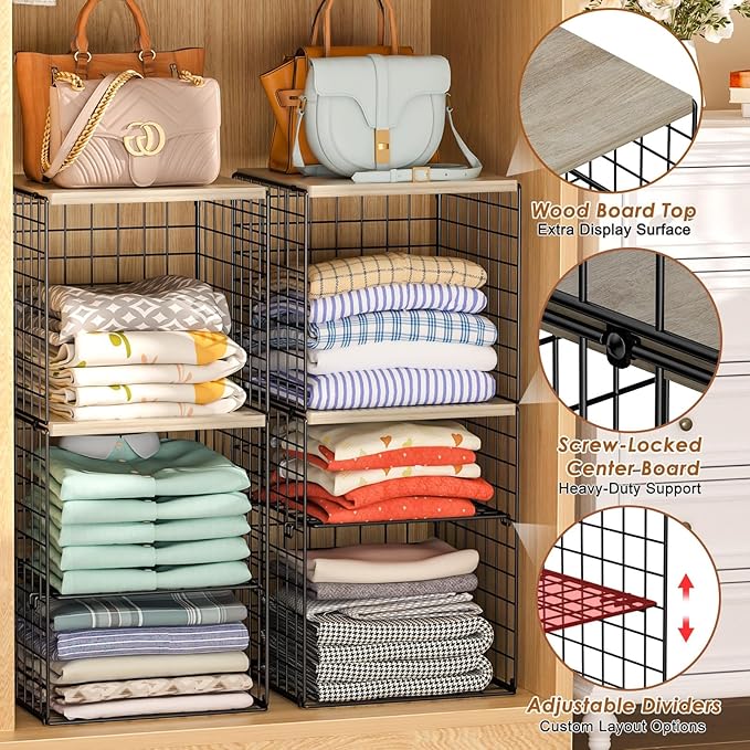 6-Tier Closet Organizers and Storage, Closet Shelves with Adjustable Dividers & Wood Top, Dual-Layer Reinforced Storage Bins, Larger Capacity Clothes Shelf Basket for Closet Organizer System