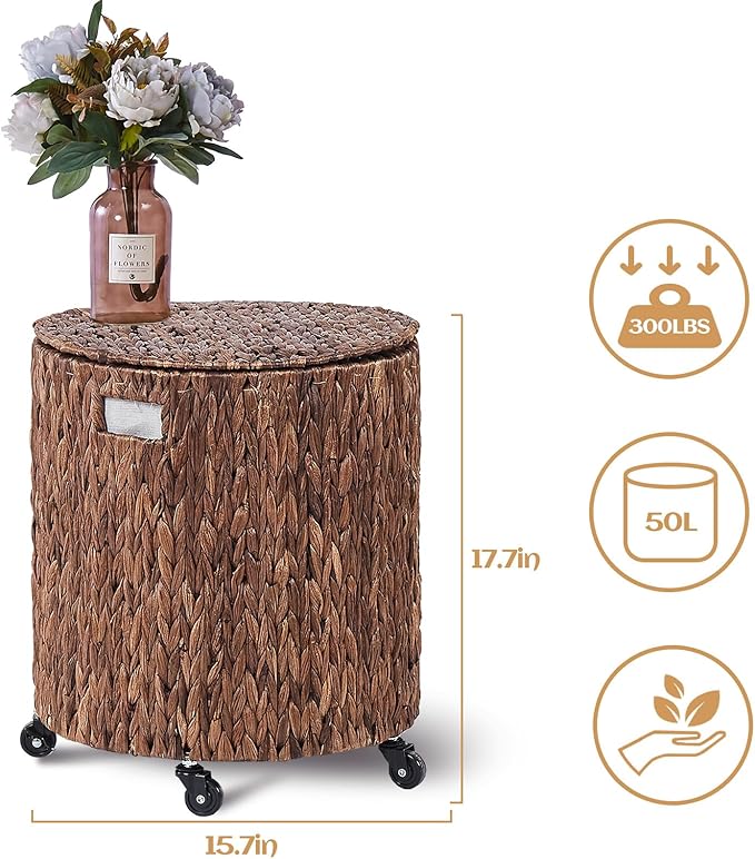 Wimarsbon Vintage Storage Basket, Multipurpose Rolling Hamper With Brakable Wheels and Lid, Braid Laundry Bin, Handwave Clothes Toy Organizer Tote for Living Room