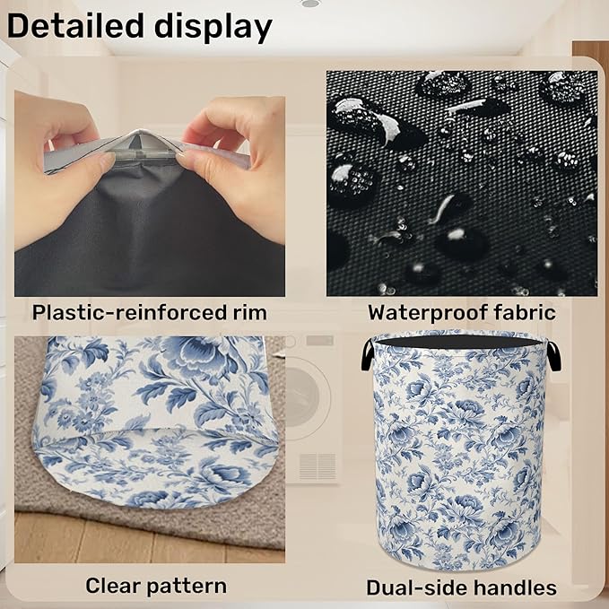 Beige Navy Blue Floral Laundry Basket with Handles - Extra Large Foldable Hamper for Bathroom/Laundry/Bedroom/Dorm, Washable Fabric Storage Bin