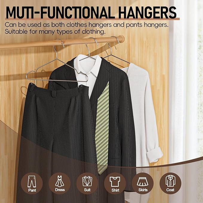 Metal Clothes Hangers Bulk 100 Pack with 2 Hooks for Pants, Heavy Duty Stainless Steel Wire Hanger with Groove, Space-Saving, Ultra Thin, 16.5 Inch, for Standard Suits, Skirts, Shirts- Silver