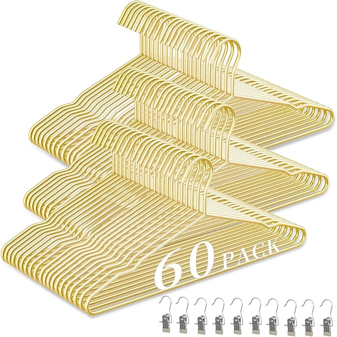 60Pack Gold Hangers + 10 Clothes Pins, Premium Glossy Gold Strong Metal Hangers, Upgraded Thickened Reinforced 50lbs Weight Capacity, Suitable for Heavy Coats, Jackets, Shirts, Dresses