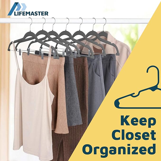 Lifemaster Velvet Skirt Hangers – with Adjustable Clips, 360 Degree Swivel Hook, and Non-Slip Shoulder Notch, Holds Up to 10 lbs, for Organizing Skirt, Pants, Dress, and Clothes, Pack of 50, Gray