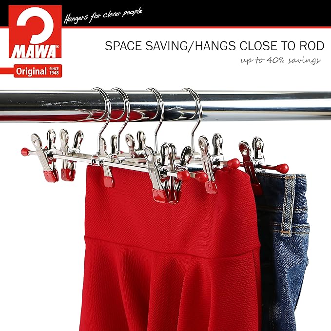 Mawa by Reston Lloyd Space-Saving Clothes Hanger for Pants and Skirts with Two Non-Slip Clips, Style K/30D, 12-Inch, Set of 12, Red
