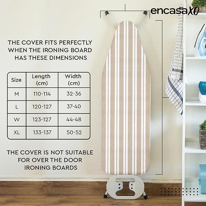 Encasa XO Ironing Board Cover and Pad 54"x18" - 4mm Felt X-Large Iron Board Cover with Padding, Stain-Safe Dye, Non Slip, Elastic Bungee Cord Tightening, Heat Resistant Franca Beige Stripes