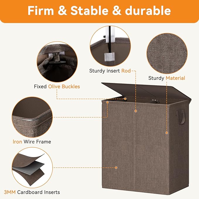 Chrislley 140L Laundry Hamper 2 Section, Double Laundry Basket with Lid, Large Dirty Clothes Hamper with Removable Liner Bags, Collapsible Laundry Organizer for Bedroom, Dorm,Brown