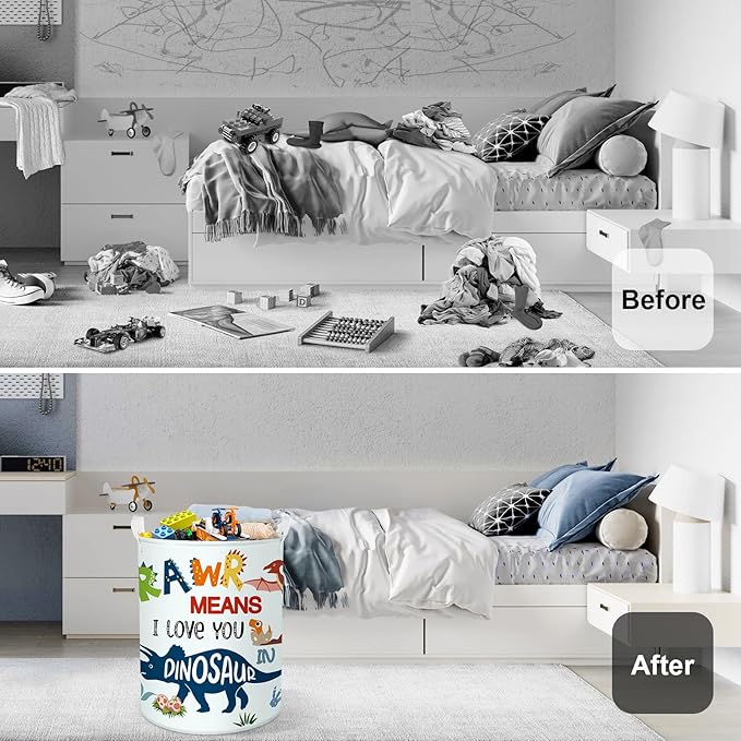 Dinosaur Laundry Hamper Large Storage Basket Cartoon Dino Collapsible Parents Organizer Kids Toy Clothes Bins for Bedroom, Bathroom, Boho Words, 63L