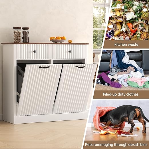 Fluted Tilt Out Laundry Hamper Cabinet, 10 Gallon Hidden Trash Can Cabinet, Wooden 2 in 1 Tilt Out Garbage Can for Kitchen, Bathroom (Antique White, Full)