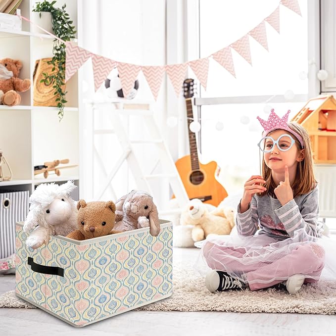 Blue and Pink Preppy Floral Storage Bin Box with Handles, Chinoiserie Grandmillennial Foldable Organizer Basket Toybox for Girls Dorm Bedroom Bathroom Clothes Toys Books