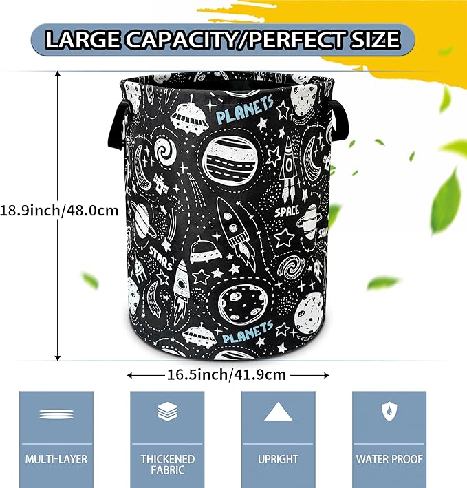 Space Planets Laundry Basket Rocket Spaceship Foldable Oxford Cloth Funny Tote Bag Laundry Hamper Clothes Storage Bucket Toy Organizer For Bathroom/Laundry Storage/Bedroom 18.9x16.5 In