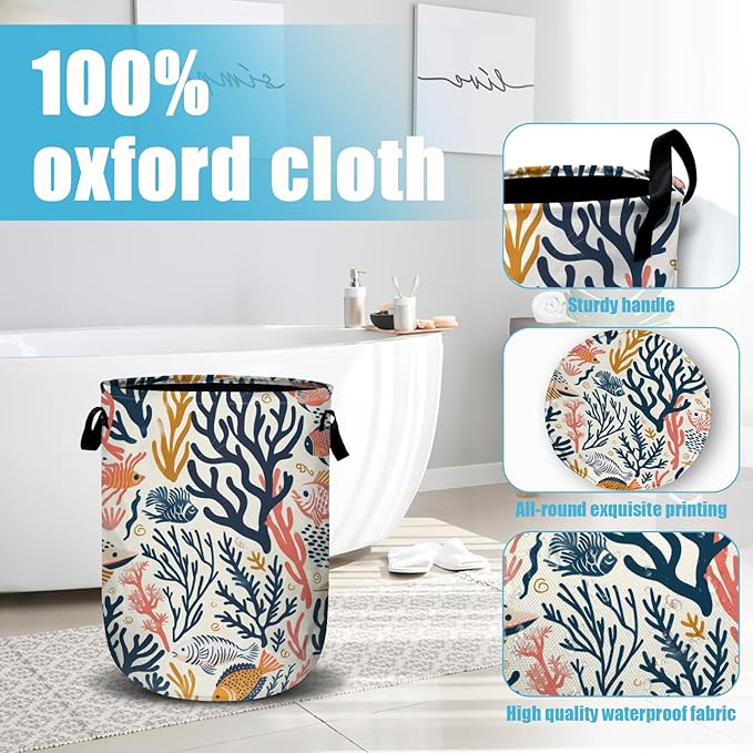 Corals and Tropical Fish Laundry Basket, Laundry Hamper Collapsible Oxford Cloth with Handle Clothes Toy Storage Bin for Bathroom Laundry Room Bedroom 15.7 X 20 Inch