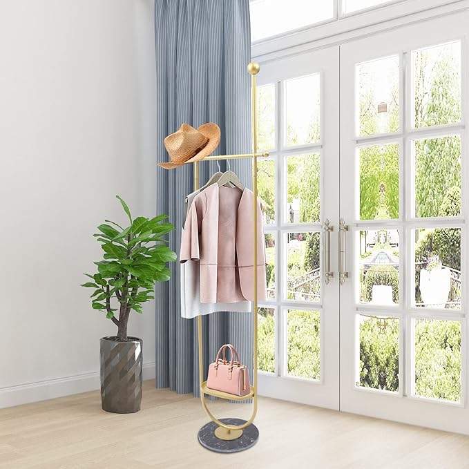 73in-Gold Clothing Garment Rack with Storage Shelf and Hat Hooks, Freestanding Coat Rack Stand Hanging Clothes, Bags, Hat for Entryway Bedroom Organizer Clothing Stores Boutique Retail
