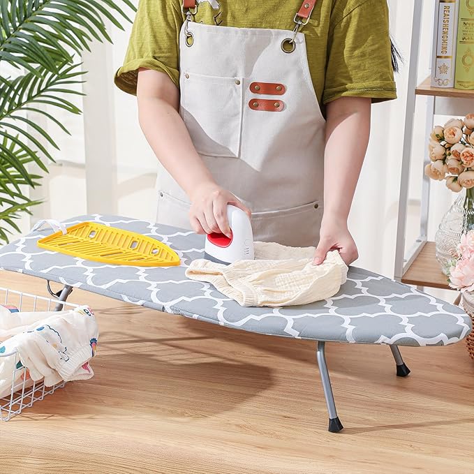 Chunful Portable Tabletop Ironing Board, Foldable Small Compact Ironing Board with Mat & Hook for Hanging Travel Mini Iron Non Slip Feet Table Storage for Dorm Space, 32 x 12 in(Fresh,Light Gray)