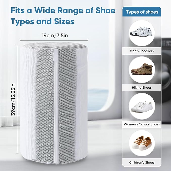 Shoe Washing Machine Bag 2pcs-Reusable Laundry Shoe Bag with Hidden Zipper, 360° Deep Protective XXL Cleaning Bags for Washer and Dryer，Shoe Trees for Sneakers Tennis- Home Travel Essentials, White