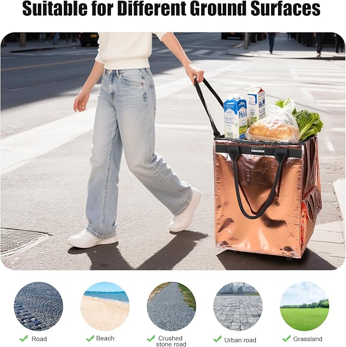 (Medium,Rose Gold) Reusable Grocery Bag on Wheels, Foldable Rolling Tote Bag with 3 Handles and Zipper, Storage Organizer for Clothes & Groceries, Rolling Shopping Cart, 76lb