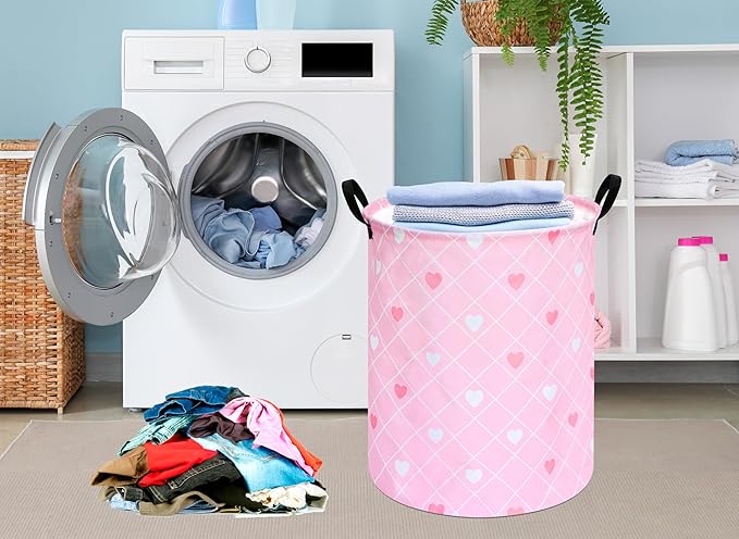KUNRO Round Heart Valentine's Laundry Gift Basket Storage Hamper, Clothes Storage Organizer Bins, Shelf Basket with Handles for Room Decor