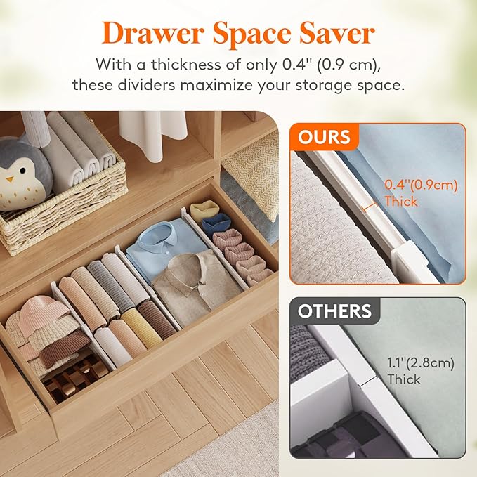 Lifewit 4" Tall 9 Pack Drawer Dividers, 27-42cm/10.5-16.5" Expandable Drawer Divider for Clothes, Adjustable Dresser Drawer Organizers, Drawers Separators for Dresser/Bathroom/Closet/Kitchen White