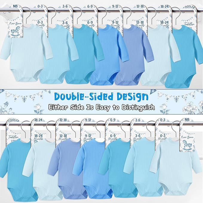 Baby Closet Dividers 8PCS, Blue Toile Themed Wooden Double-Sided Clothes Size Hanger/Organizer from Newborn to Toddler for Nursery Decor Baby Shower Birthday Gender Reveal Party Gift