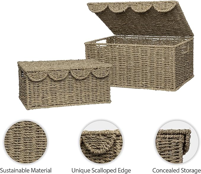 StorageWorks Scalloped Edge Wicker Basket, Seagrass Storage Baskets for Living Room, Bedroom, 15" L x 11 ¼" W x 7" H