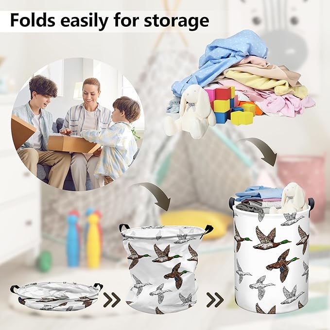 Mallard Duck Laundry Basket, Collapsible Waterproof Oxford Cloth Laundry Hamper, Funny Round Kids Toys Storage Basket as Room Decor, Cute Duck Dirty Clothes Hamper for Bedroom Bathroom (Brown)