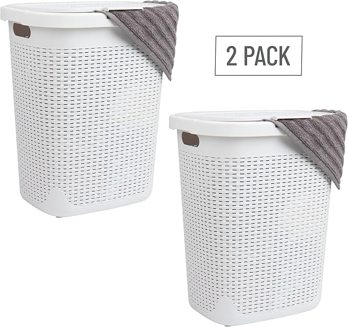 Mind Reader 50L Slim Laundry Hamper, Clothes Basket, Lid, Wicker Design, Plastic, 17.65"L x 13.75"W x 21"H, Set of 2, White