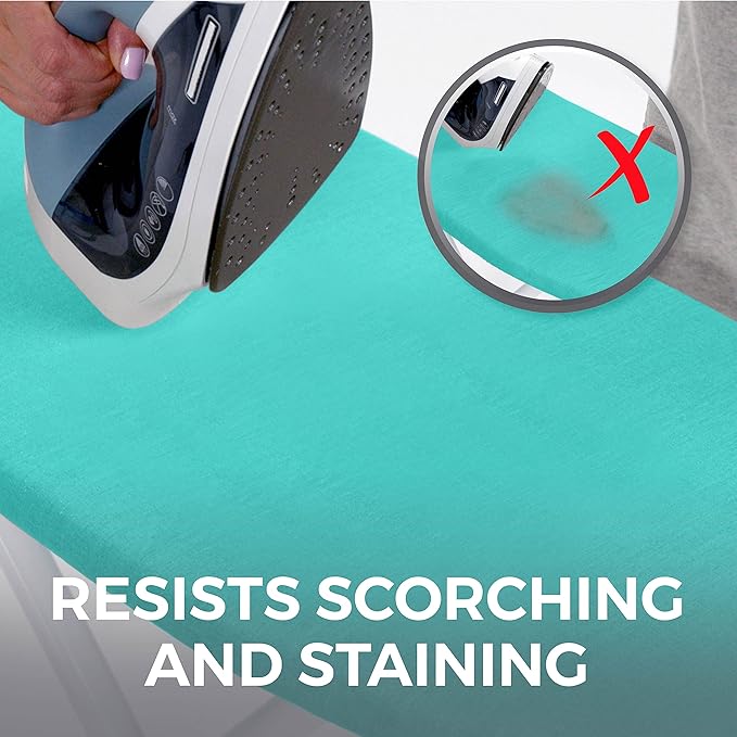 HOME GENIE Ironing Board Cover, Extra Thick Padding, Scorch Resistant Silicone Coating, 15x54 Elastic Edge Heavy Duty Iron Pad Covers Standard Boards, Hook and Loop Fastener Strap, Turquoise