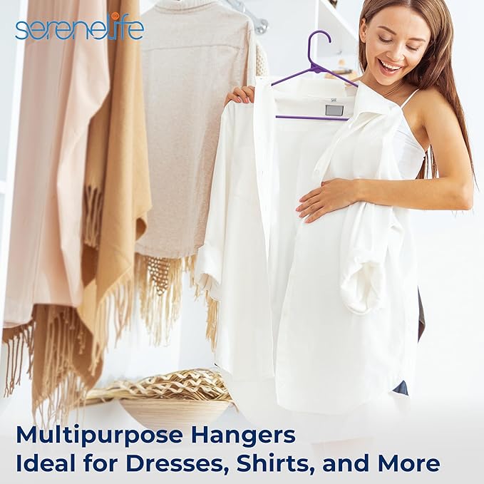 SereneLife Premium 10 Pack Plastic Hangers, Lightweight, Durable, Space Saving Clothes Organizers, Suitable for Shirts, Sweaters, Hoodies, Dresses, Kids Clothes, Good for Home Organization (Purple)