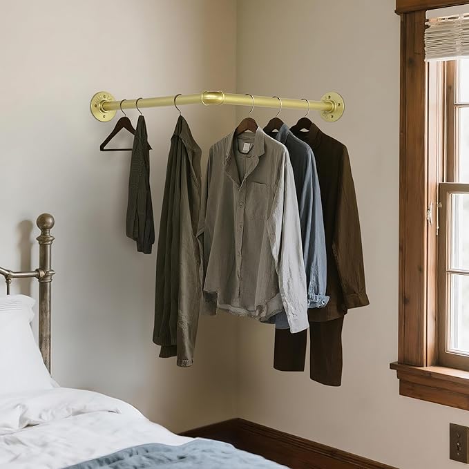 AddGrace Industrial Pipe Garment Rack Iron Wall Mounted Right Angle Corner Clothing Rack with Screws DIY Home Storage Display(Gold)