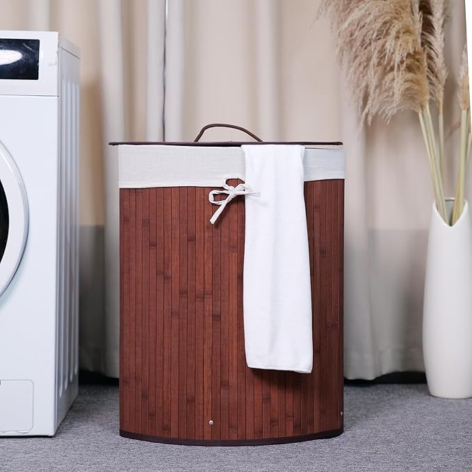 Bamboo Laundry Hamper Large 58L with Removable 2-Section Liner, Foldable Storage Basket with Lid and Handles for Bedroom, Laundry Room, Small Spaces – Brown - Triangle