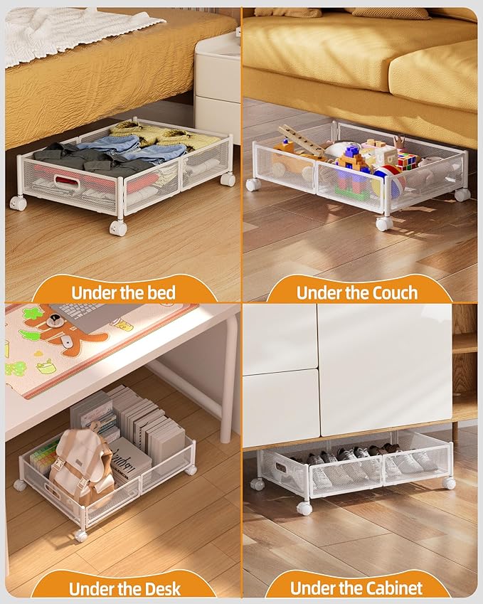 Under Bed Organizer, Storage Bins Under Bed, 60L Underbed Storage Bins for Bedroom Clothes Shoes Blankets (White, 4 Pack)