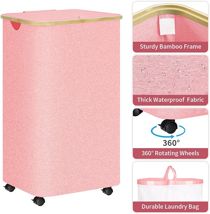 100L Pink Laundry Hamper on Wheels, Large Laundry Hamper with Wheels and Lid, Collapsible Storage Dirty Clothes Hamper with Removable Mesh Bag, Clothes Storage with Handles for Home