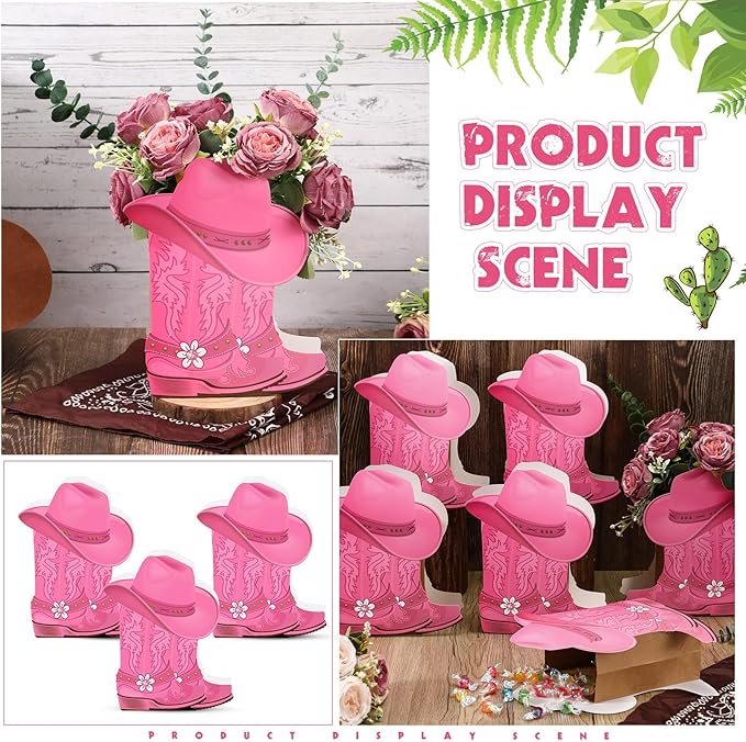Domensi 8 set Western Cowboy Boots Flower Boxes Centerpiece Boot Shape Box Decorations Western Theme Party Boot Gift for Cowboy Cowgirl Birthday Party Baby Shower Wedding Supplies (Pink,Cute)