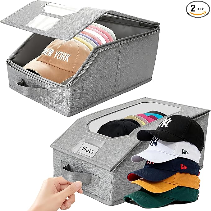 2 Pcs Stackable Baseball Cap Organizer, Washable Foldable Odorless Oxford Cloth with Smooth Durable Metal Zipper, Clear Window Holds 24 Caps, Hat Box for Closet/Home (Grey, Large 15.8×8.7×6.7 inches)