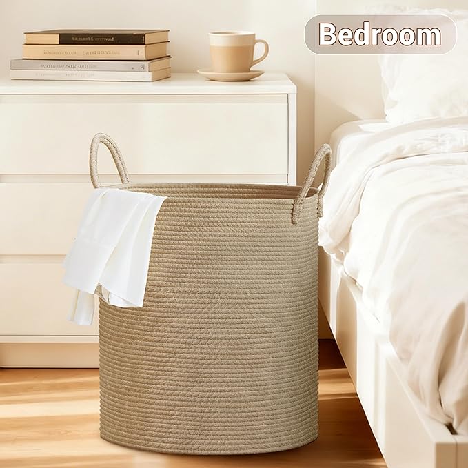 Tall Laundry Basket with Handles, 88L Portable Dirty Clothes Hamper, Boho Cotton Rope Storage Bin for Blankets Kids Toys Gifts, Large Organizer for Baby Nursery Bedroom Bathroom, Jute