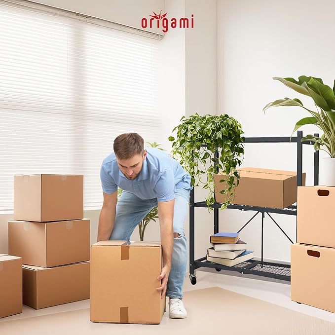 Origami 4-Pack General Purpose Foldable 3-Tier Shelf Storage Rack & Wheels, R3, Black