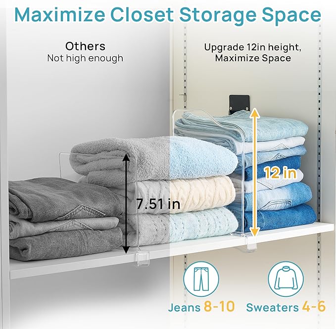 Vtopmart 4 Pack 12in Height Shelf Dividers for Closet Organization, Clear Plastic Closet Shelf Dividers of Upgrade 12in for Maximizing Vertical Space Storage, Organizing Sweater, Jeans, Shirts, Bags
