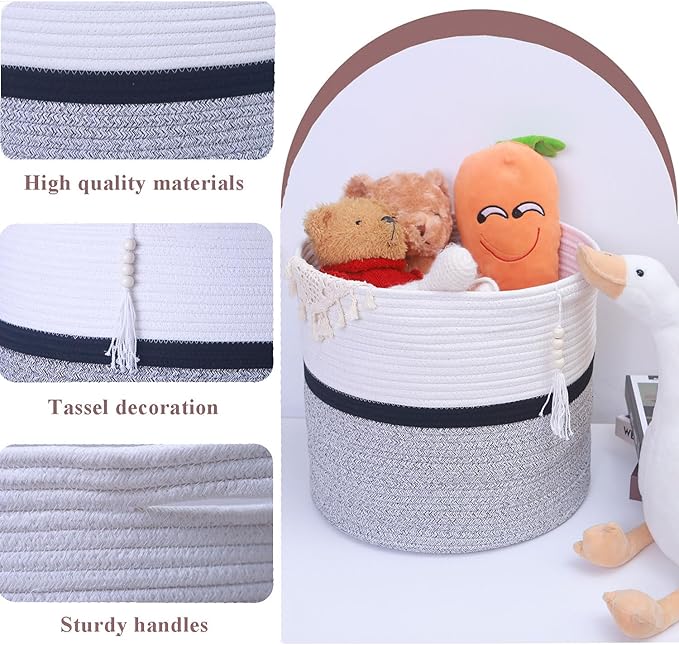 Cotton Rope Storage Bin,Natural Handmade Woven Hamper for Living Room,Blanket Basket for Clothes, Pillows, Towels (black, 100L)