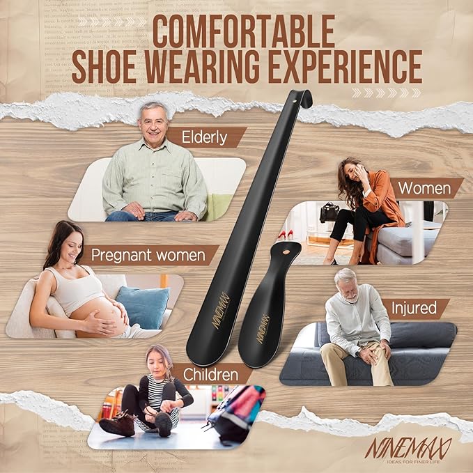 NINEMAX Shoe Horn Long Handle for Seniors Men Women, Metal Long Shoehorn Boot Horn 16.5'', Travel Small Shoe Spoon Helper for Kids 7.5''