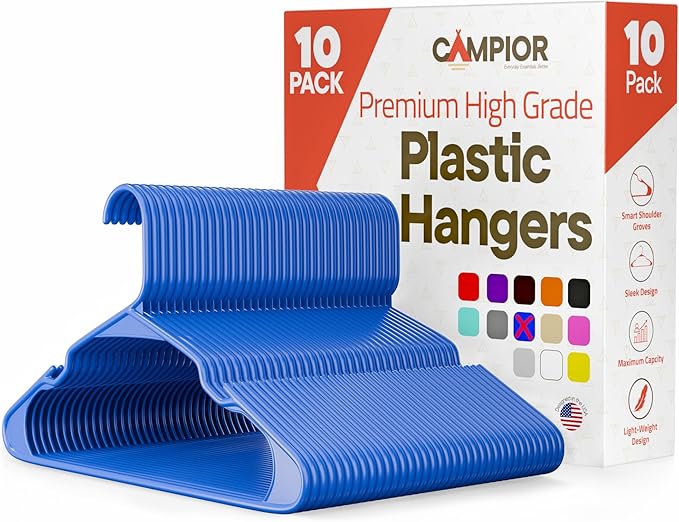 Plastic Clothes Hangers – Heavy Duty Hanger Set, for Organizing Clothes, Dresses, and Coat, Holds Up to 5 lbs, Space-Saving Hangers with Non-Slip Shoulder Grooves, Pack of 10, Blue