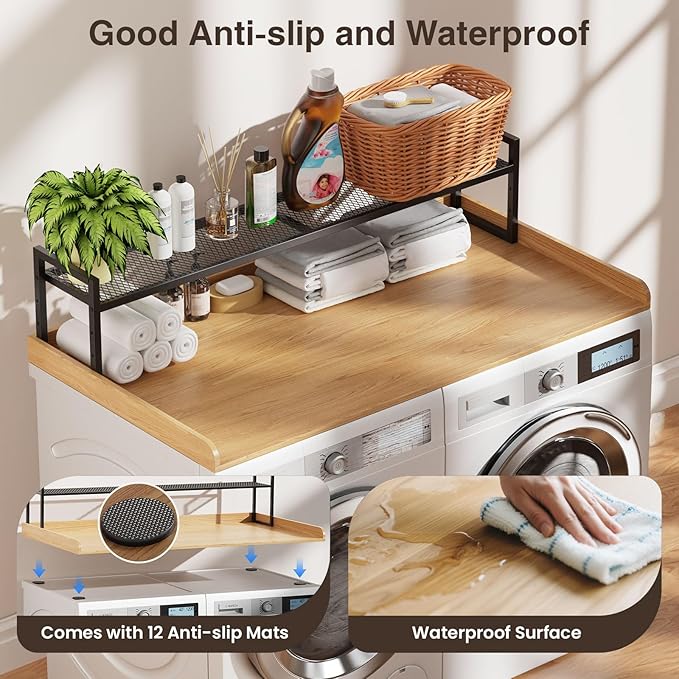 Washer Dryer Countertop with Shelf, 54" x 27.5" Wooden Washer and Dryer Topper, Laundry Countertop with Anti-Slip Pads, Washer Dryer Topper for Laundry Room Organization and Storage (Light Wood)