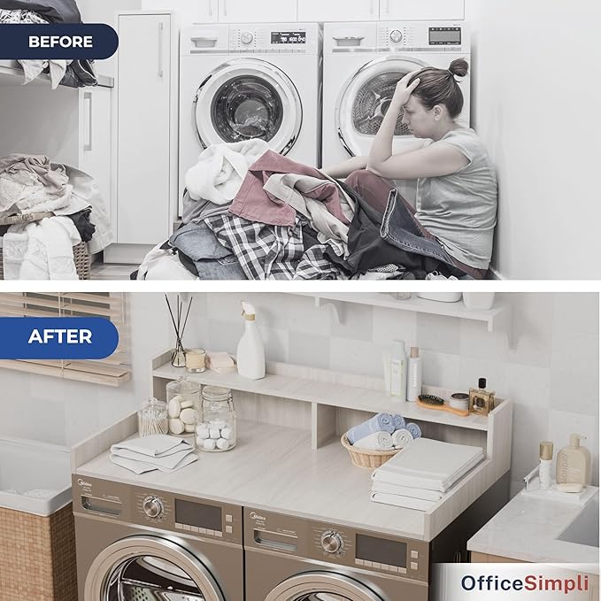 OfficeSimpli Large Washer Dryer Countertop with Shelf - 30 x 58 Inch - Made in USA Laundry Countertop Over Washer and Dryer with Non-Slip Pads, Storage Shelf, Laundry Topper Organizer, Rustic Oak