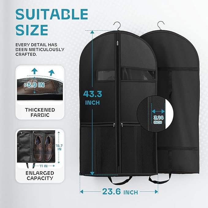 Travel Garment Bag with Zipper Pocket, Suit Bag for Suits, Dresses, Coats