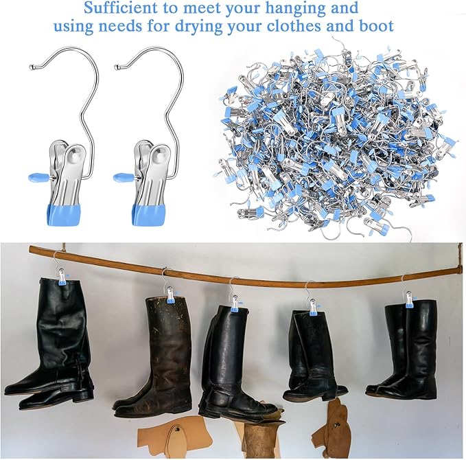 Yinder 250 Pcs Boot Hangers Clips Laundry Hooks Hanging Stainless Steel Clothes Pins Portable Clip Hangers for Closet Travel Socks Pants Handbags Hats Towels (Blue)