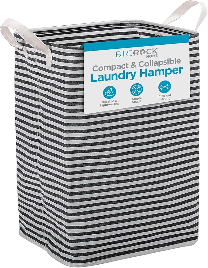 BIRDROCK HOME Laundry Hamper Bin Basket for Clothes, Compact Slim Collapsible Organizer for Dirty Clothes - Ideal for Small Spaces Bedroom, Bathroom, Dorm, Kids Room - 61L, Grey & White Stripes