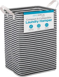 BIRDROCK HOME Laundry Hamper Bin Basket for Clothes, Compact Slim Collapsible Organizer for Dirty Clothes - Ideal for Small Spaces Bedroom, Bathroom, Dorm, Kids Room - 61L, Grey & White Stripes