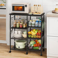HapiRm Rolling Kitchen Carts with Storage - Microwave Table Stand with 6 Hooks & 3 Baskets, kitchen Island Cart on Lockable Wheels, 28.3" L × 14.6" W Bakers Rack Cart for Dining Room Coffee Bar Office