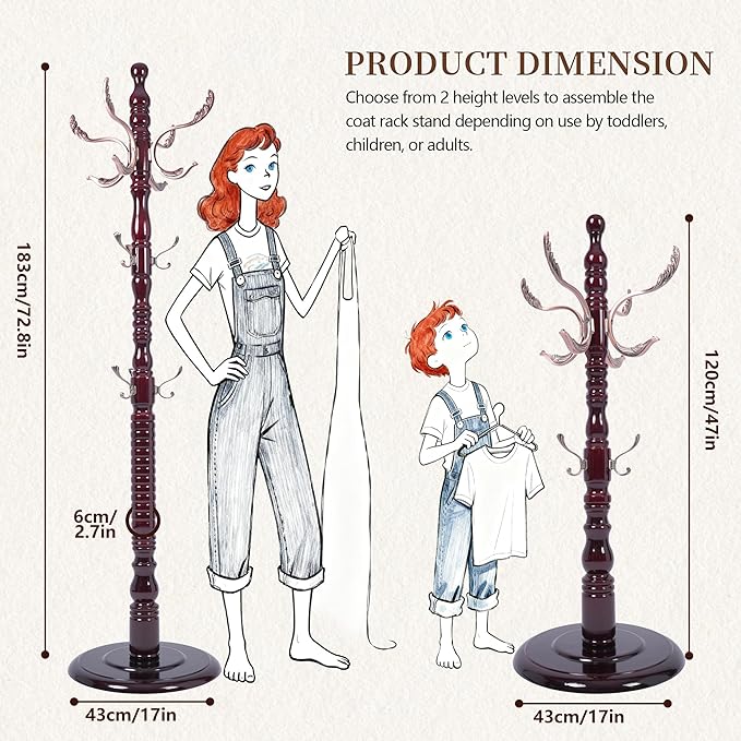 Wooden Coat Rack Freestanding, Vintage Solid Coat Hanger Stand 20 Hooks, Coat Tree Adjustable Height 73", Round Base, Coat Racks free standing for Entryway Hallway, Porch, Bedroom