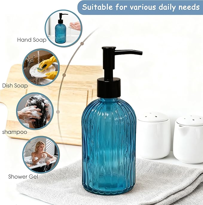 Blue Glass Dish Soap Dispenser, 13.5oz Refillable Liquid Hand Soap Dispenser, Lotion Dish Dispenser for Modern Home Decor, Kitchen Countertop, Bathroom, Hotel (2 Pack)